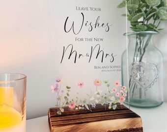 Guest Book Wedding Sign, Personalised Floral Acrylic Leave Your Wishes Table Sign, Mr Mrs Sign, Wedding Reception Decoration A5