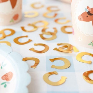 Hoefijzertafelconfetti, geluk, ponyfeestconfetti, goudfolie hoefijzerconfetti, verjaardagsdecoratie paard, rodeofeest 15 g