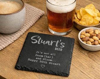 PERSONALISED Slate Beer Coaster, Laser Engraved Gift for Him, Fathers Day Keepsake Gift, Office Desk Drink Coaster
