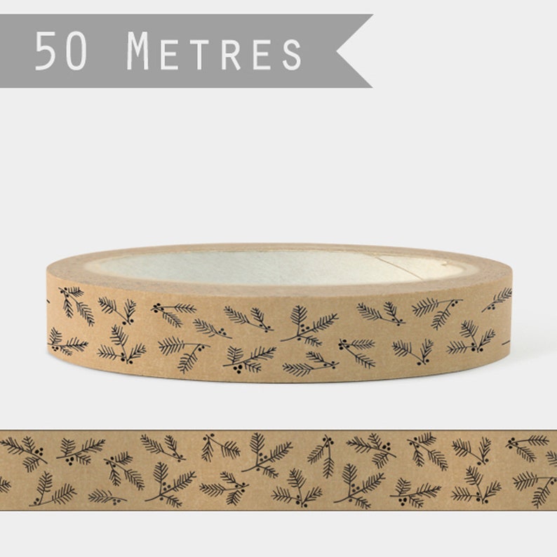 Christmas Craft Brown Tape With Fir and Berries Christmas Wrapping Gift Wrapping By East of India 50m