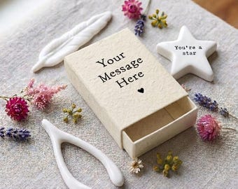Personalised Matchbox Keepsake Gift, Custom Porcelain Heart, Angel, Feather, Wishbone, Incense Holder, Pocket Hug, Friendship Gift