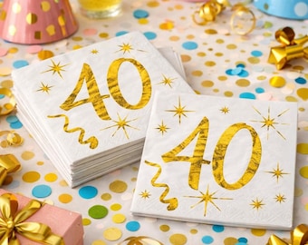 20 serviettes de table cocktail or 40e anniversaire, canapé 40e anniversaire serviettes en papier, vaisselle d'anniversaire en aluminium 40 ans, vaisselle d'anniversaire 40e jalon