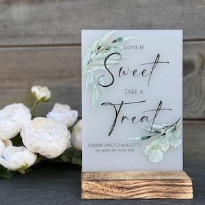 Gepersonaliseerde botanische liefde is zoet ondoorzichtig bord, bord acryl bruiloft zoete reep, bord snoep tafel, bord dessertreep