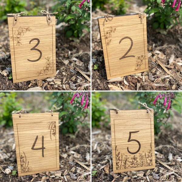 Rustic Wooden Table Numbers, Wedding Table Centrepiece, Botanical Wedding Decorations, Custom Numbers Choice of Designs