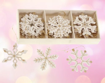 24 Cream & Gold Wooden Snowflakes, Christmas Tree Decorations, Wooden Snowflake Hanging Baubles, Christmas Hanging Ornaments, Festive Tree