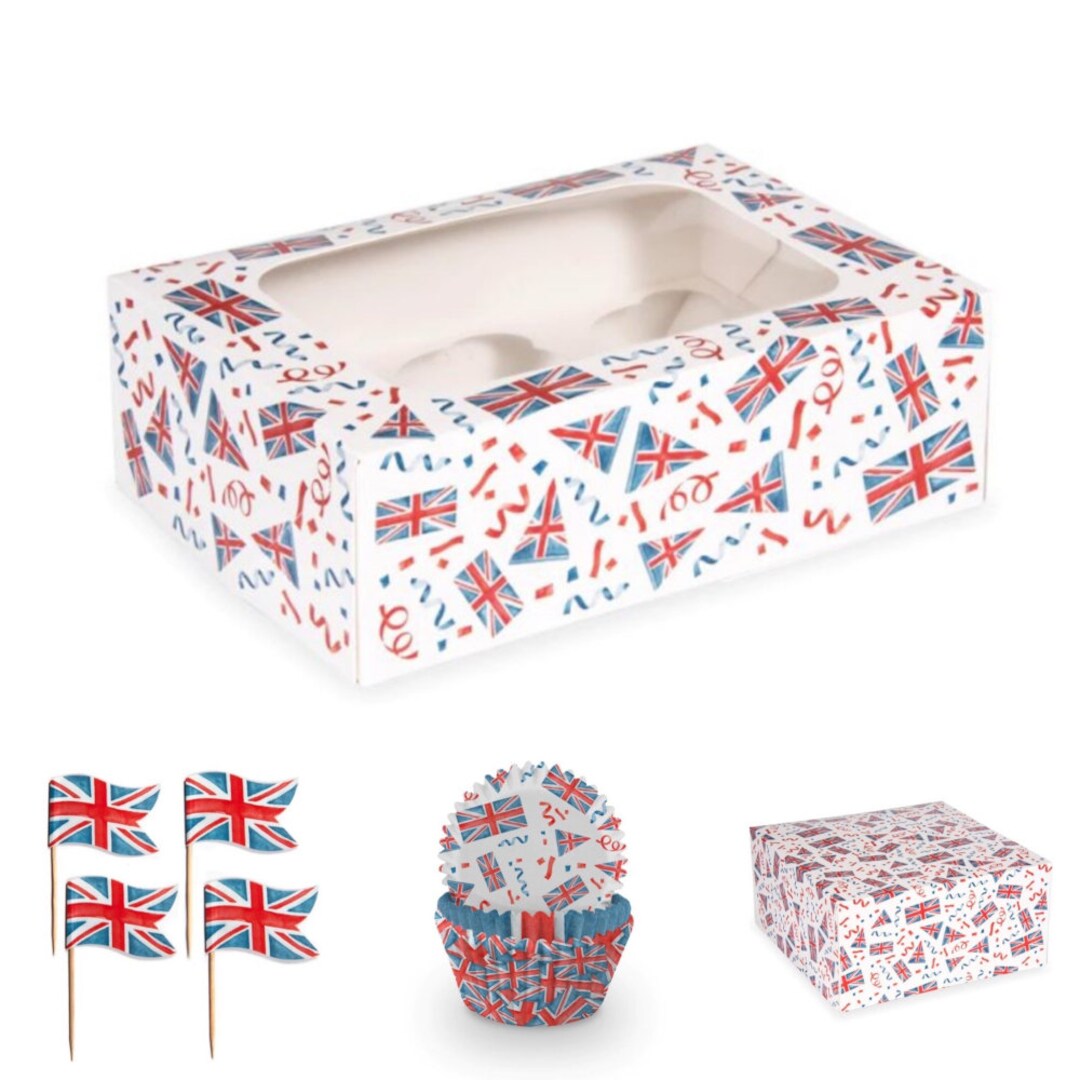 British Theme Party Supplies, Union Jack Cupcake Cases Toppers Boxes
