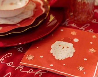 Santa Claus Christmas Paper Napkins, Red Cream 3-Ply Festive Tableware for Christmas Dinner and Seasonal Holiday Parties, Set of 16