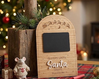 Personalised Christmas Sleeps Until Santa Reusable Chalkboard Countdown Sign, Child Name Gift, Brown Wooden Festive Decoration