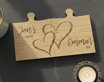 Gepersonaliseerde onderzetter voor koppels met hart, gegraveerde houten onderzetter, zijn houten cadeau, cadeau meneer mevrouw, 5e verjaardag, set van 2
