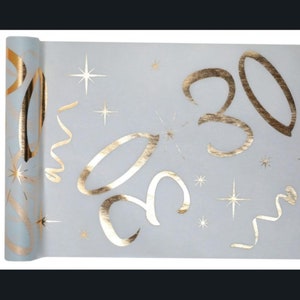 May include: A roll of blue wrapping paper with gold foil accents. The paper features the number "30" and confetti designs.