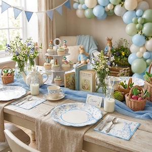 10 Playful Pierre Rabbit Blue & White Scalloped Easter Paper Plates, Cute Spring Party Tableware For Easter Celebrations, Blue Dinner Plates