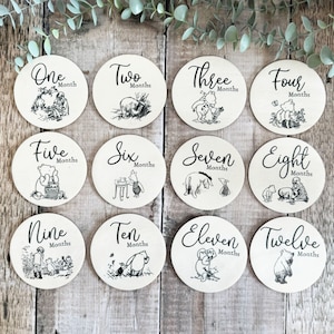 12 disques photo en bois pour bébé, cadeau de naissance Winnie l'ourson, cadeau de baby shower, accessoire de photographie, cadeau souvenir en bois pour bébé nouveau-né