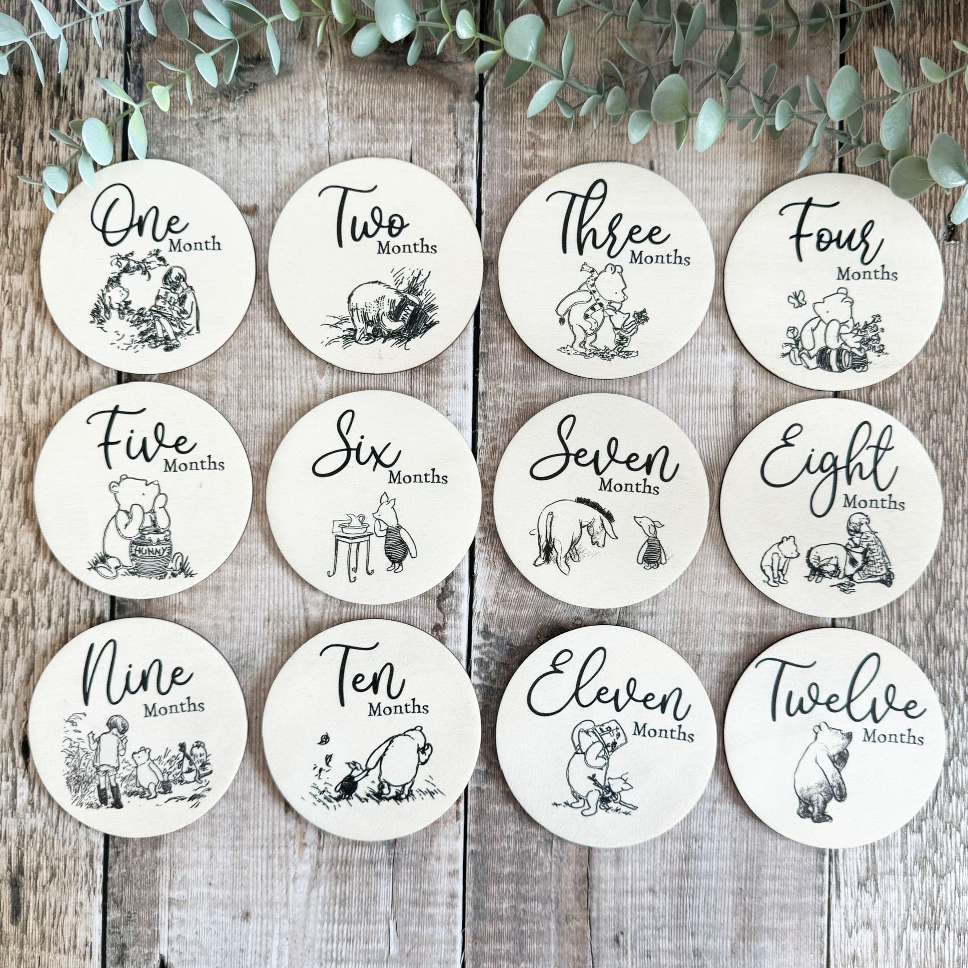 12 Wooden Baby Milestone Photo Discs, Winnie the Pooh Newborn Gift ...
