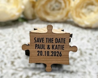 Personalised Save The Date Jigsaw Puzzle Pieces, Rustic Wooden Wedding Announcement Magnet, Custom Wood Save The Date Party Invitation