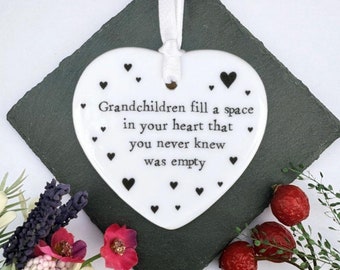 Personalised Porcelain Hanging Heart - Grandchildren, Porcelain Gift Grandma Nana Grandad Keepsake, Hanging Decoration, Keepsake Decoration