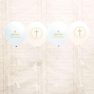 4 Blue and Gold First Holy Communion Balloons With Tails, Boys Communion Party, Religious Party Balloon Decorations, Church Balloons