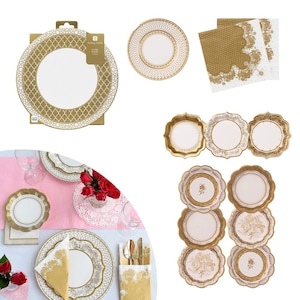 Sophisticated Gold-Trimmed Porcelain Effect Party Plates and Napkins of Various Sizes/Designs