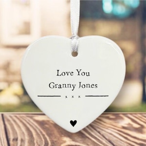 Personalised Porcelain Heart Love You Gran Granny, Family Keepsake Token Gift, Custom Hanging Heart With Name Message