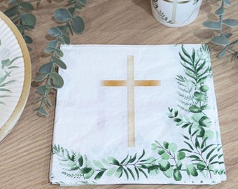 20 Botanical Gold Cross Napkins, Religious Christening Tableware, Communion Confirmation Tableware, Botanical Church Party