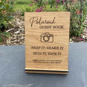 Personalised Wedding Guest Book Sign, Polaroid Photo Camera Table Sign, Photo Wedding Guest Book Decoration, Wooden Oak Veneer Sign