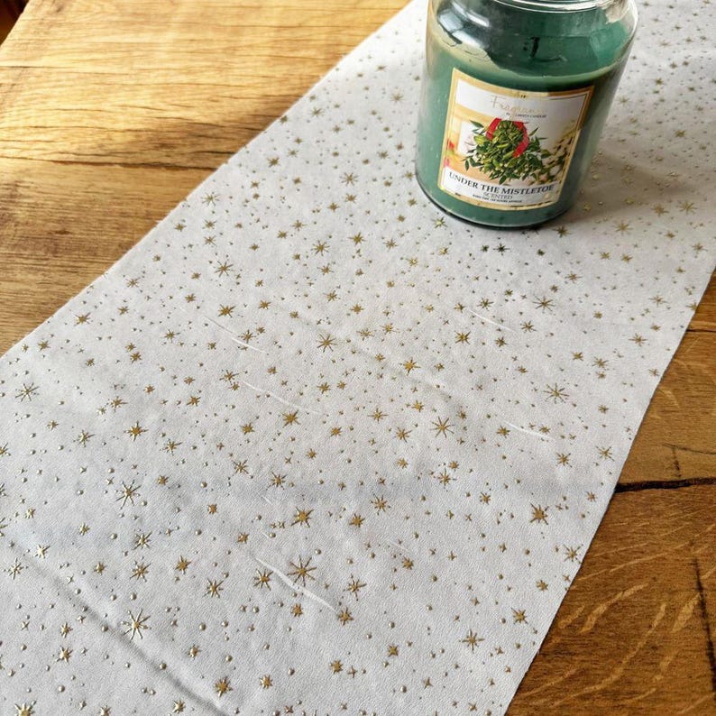 White Glittering Christmas Table Runner, Gold Star Festive Tableware