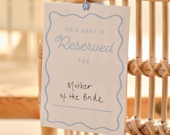 Custom Cream and Blue Reserved Wedding Chair Signs, Personalised Seating Decorations for Weddings, Anniversaries, and Special Events