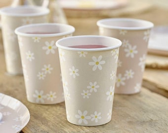 8 Daisy Flower Cups, Girls Floral Party Cups, Daisy Servies, Roze Daisy Paper Cups, Daisy Partyware, Paasservies