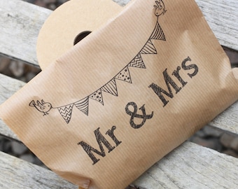 90 bolsas de recuerdo de boda, bolsas de papel Kraft Brown Mr & Mrs', bolsas de fiesta de papel de boda, bolsas artesanales Mr Mrs, bolsas de barra de caramelo, bolsas dulces