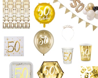 Artículos para fiesta de 50 cumpleaños dorados, platos, servilletas, vasos, globos y confeti, artículos para fiesta de 50 años, artículos dorados para fiesta de 50 cumpleaños.