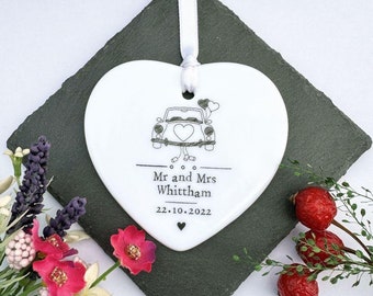 Personalised Porcelain Wedding Gift, Custom Hanging Heart Wedding Keepsake Names Dates, Ceramic Heart Ornament, Double Sided