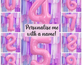 Giant Pink Number Balloon and Personalisation, Girls Birthday Age Balloons, Party Decor, Number 0 1 2 3 4 5 6 7 8 9, Vinyl Sticker Name