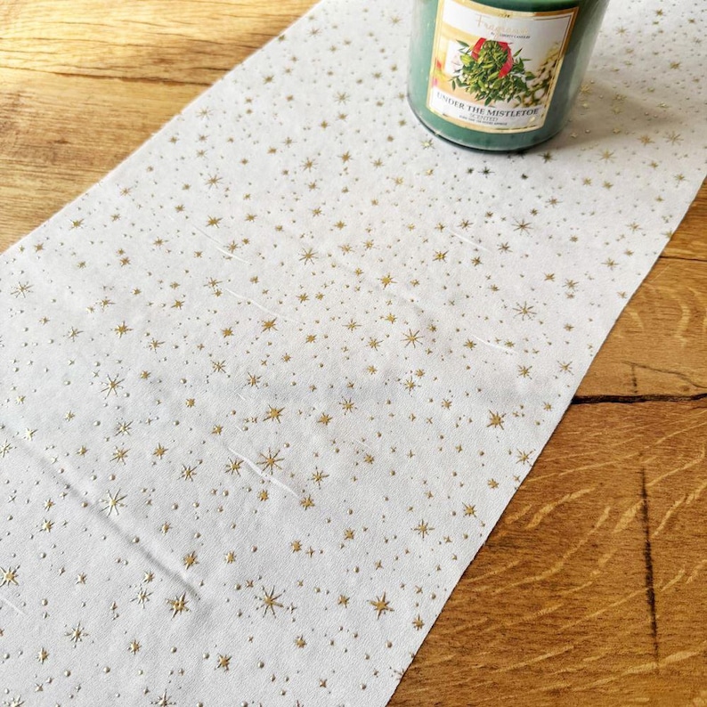 White Glittering Christmas Table Runner, Gold Star Festive Tableware