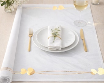 White Gold Heart Table Runner 2.5m x 28cm, Wedding Table Decor, Romantic Party Runner, Gold Hearts Fabric Table Decoration