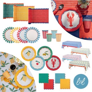 May include: A selection of party tableware and decorations. The image shows plates, cups, placemats, and tablecloths in various colours and patterns. The plates feature designs like lemons, cherries, olives, and lobsters. The colour scheme includes red, blue, yellow, green, and white.