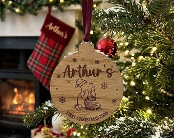 Personalised Winnie The Pooh Baby's First Christmas Wooden Bauble, Sweet Festive Tree Decoration, Meaningful New Baby Gift Keepsake
