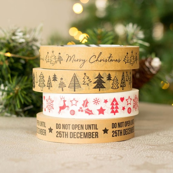 50m Christmas Craft Brown Tape, Red Festive Gift Wrap Tape