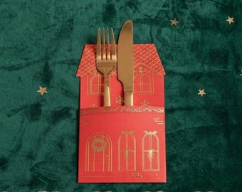 Red Gold Christmas Cutlery Holders, Luxury Festive Table Decor for Christmas Dinner, Holiday Parties and Seasonal Celebrations, Set of 8