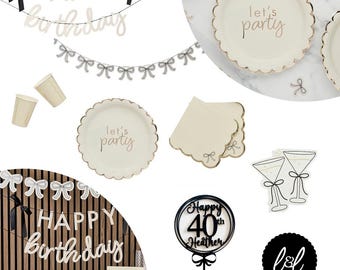 Black Bow Happy Birthday Banner Set, Party Decorations, Black & White Decor, Garland Plates Napkins Cups Cake Topper