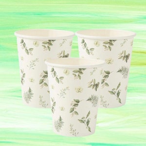 8 bicchieri di carta a foglia botanica, bicchieri di carta verde salvia laminati d'oro, tazze per il tè pomeridiano, stoviglie verde salvia, matrimonio botanico