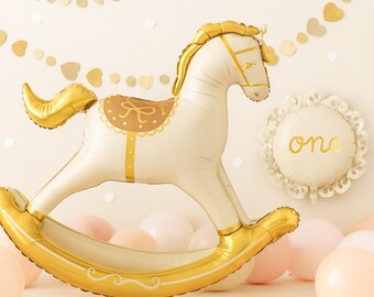Gold Rocking Horse Foil Balloon, Baby Shower Decoration, 1st Birthday Party Balloon, First Birthday Decor, Nursery Balloon
