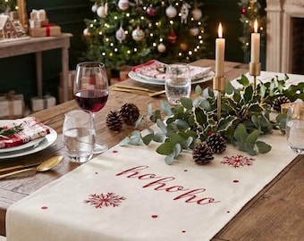 Hohoho Christmas Table Runner, Red Cream Festive Dining Decor for Christmas Dinner, Holiday Parties and Seasonal Table Settings 3m