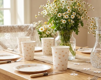 Daisy Flower Paper Cups, Floral Garden Party Tableware, Afternoon Tea Cups, Bridal Shower Birthday Partyware (Pack of 8)
