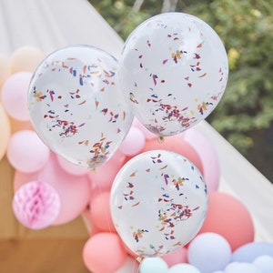 3 Double Layered Rainbow Confetti Balloons, Multicoloured Party Balloons, Party Decorations, Childrens Birthday Party
