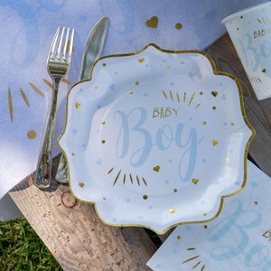 10 piatti di carta dorati per neonati, piatti blu per baby shower, piatti per feste di rivelazione del sesso del bambino, baby shower per bambini, piatti per battesimo per bambini