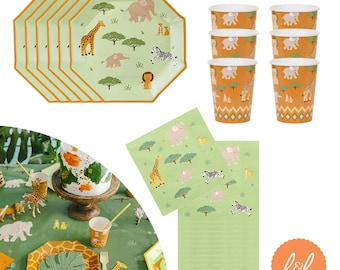 Safari Party Tableware Set, Paper Plates Cups and Napkins for Jungle Birthdays, Kids Celebrations and Animal Parties (Party Pack for 6)