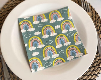 20 Rainbow Paper Napkins, Childrens Large Dinner Party Napkins, Green Birthday Party Napkins, Rainbow Tableware