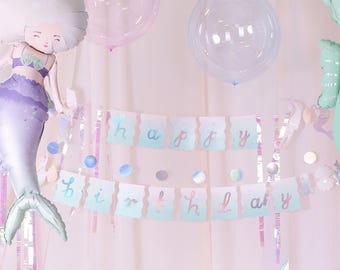 Banner de feliz cumpleaños de sirena, decoración de fiesta de cumpleaños bajo el mar, telón de fondo de banner de cumpleaños, fiesta de sirena, 1,3 m