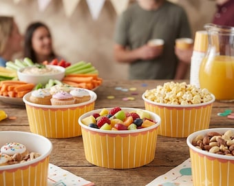 Yellow Paper Ramekin Party Dishes, Small Round Food Bowls for Birthdays, Kids Parties and Happy Celebrations (Pack of 4, 12.5 cm)