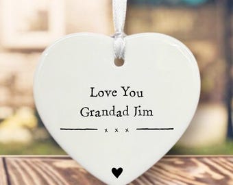 Personalised Porcelain Heart Love You Grandad, Family Keepsake Token Gift, Custom Hanging Heart With Name Message