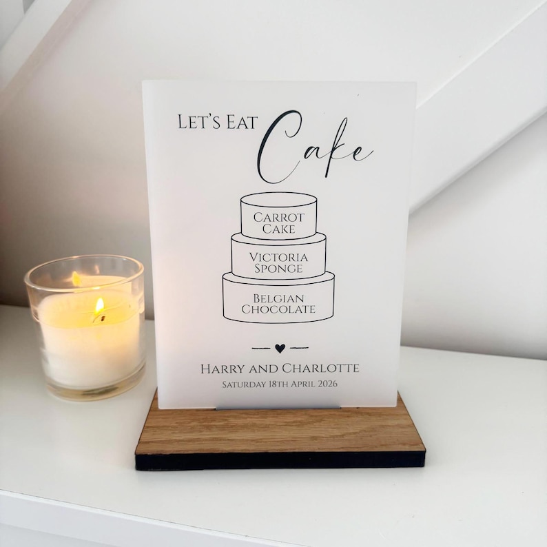 Personalisierte Hochzeitstorte Menü, Hochzeit Dessert Zeichen, Party Kuchen Flavours Zeichen, klassisches A5 A4 undurchsichtiges Acrylschild, benutzerdefinierte Menüs der Kategorie 2 Bild 2